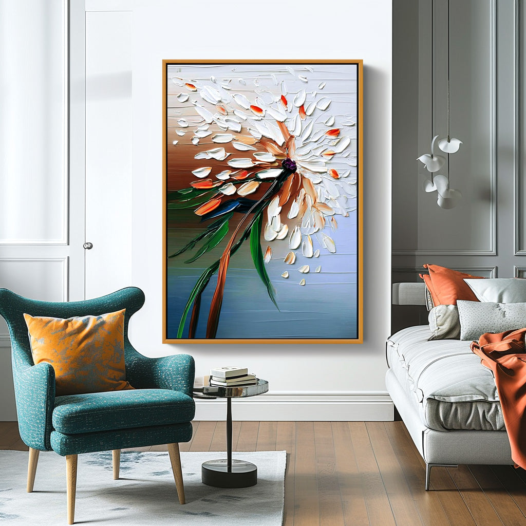 Textured abstract floral oil painting with white and orange petals on gradient background