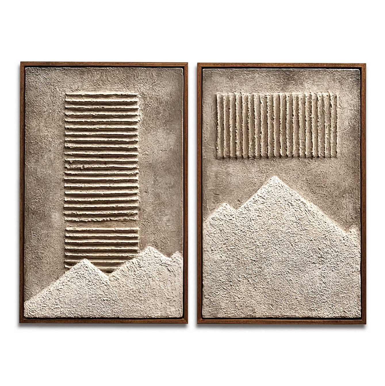Textured abstract mountain and stripes art with 3D relief design in neutral beige and gray tones.