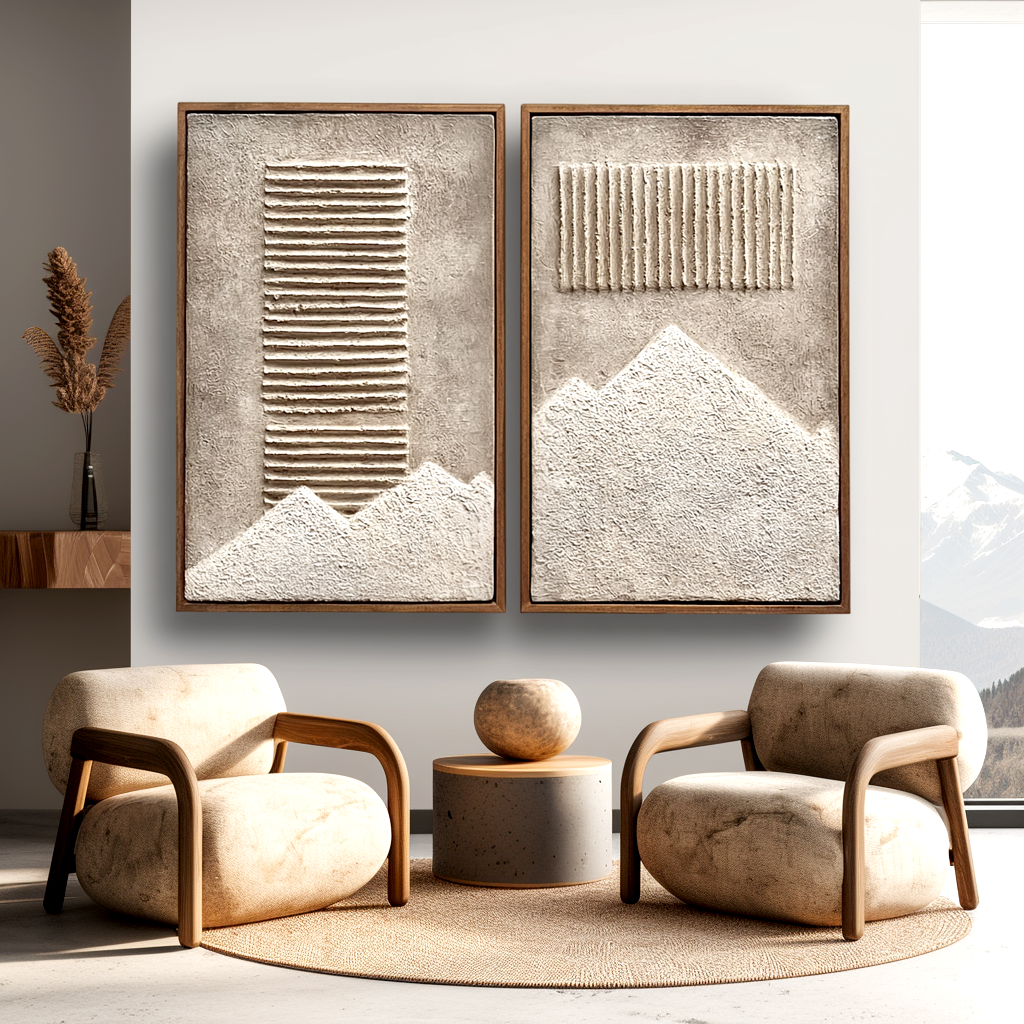 Textured abstract mountain and stripes art with 3D relief design in neutral beige and gray tones.