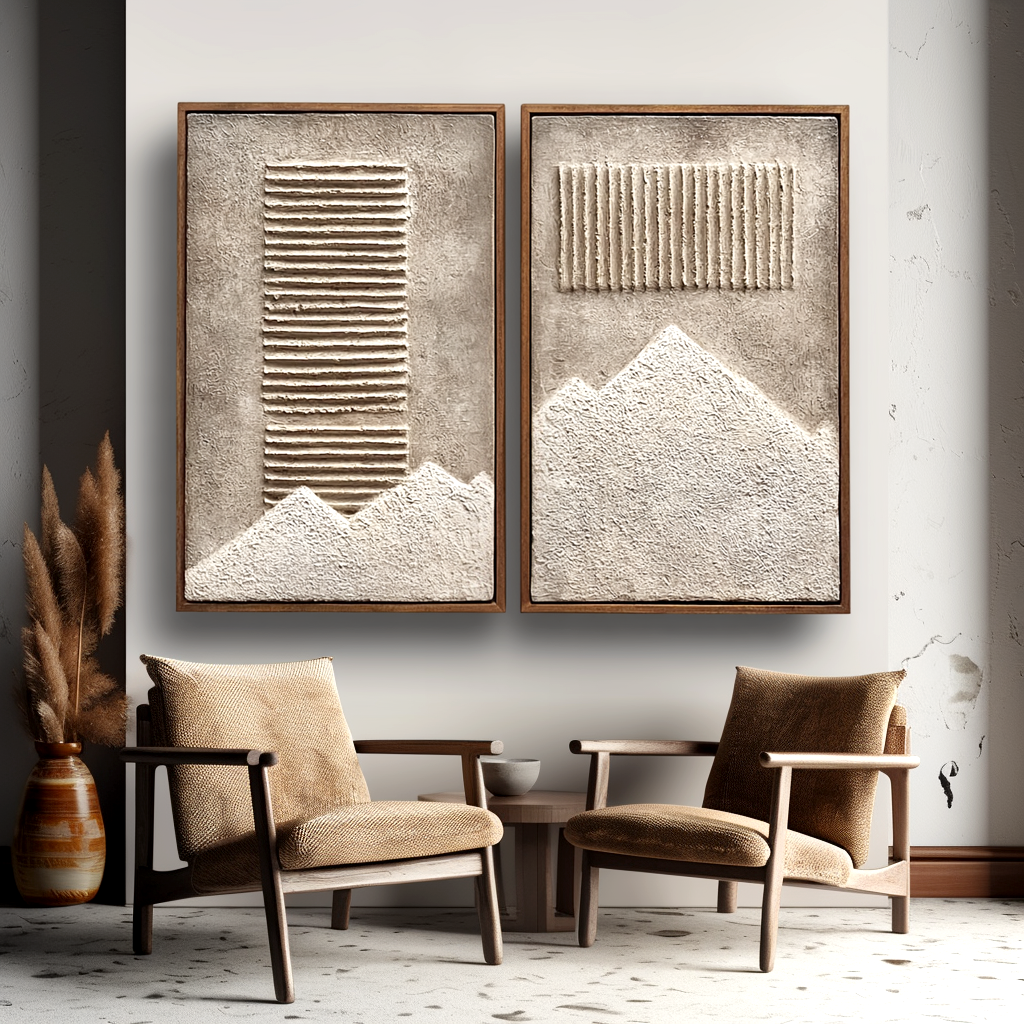 Textured abstract mountain and stripes art with 3D relief design in neutral beige and gray tones.