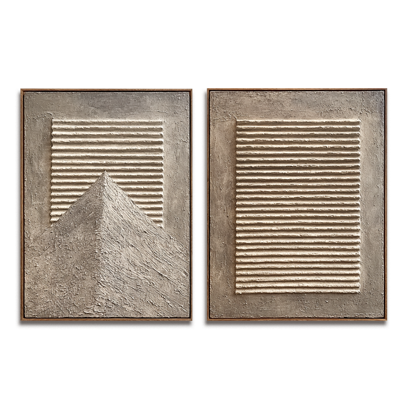Abstract textured mountain and striped art with 3D relief in neutral tones of beige and gray.