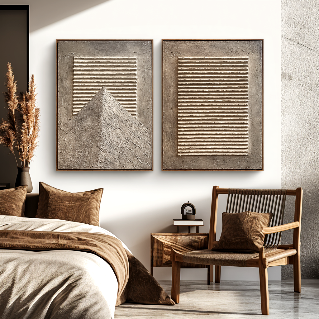 Abstract textured mountain and striped art with 3D relief in neutral tones of beige and gray.