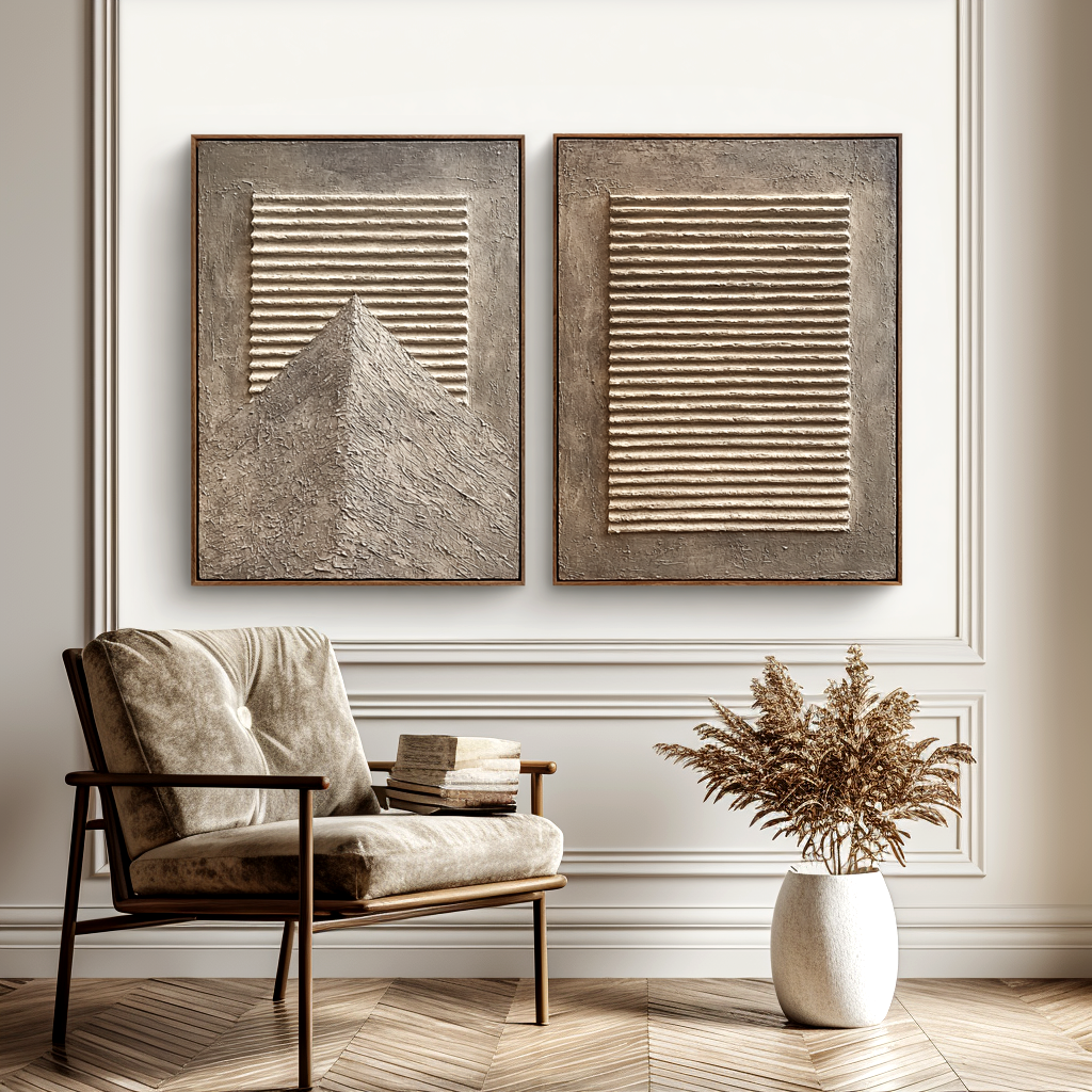 Abstract textured mountain and striped art with 3D relief in neutral tones of beige and gray.