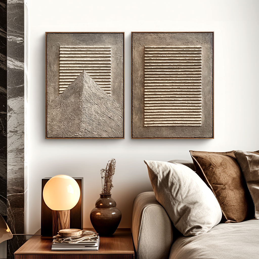 Abstract textured mountain and striped art with 3D relief in neutral tones of beige and gray.