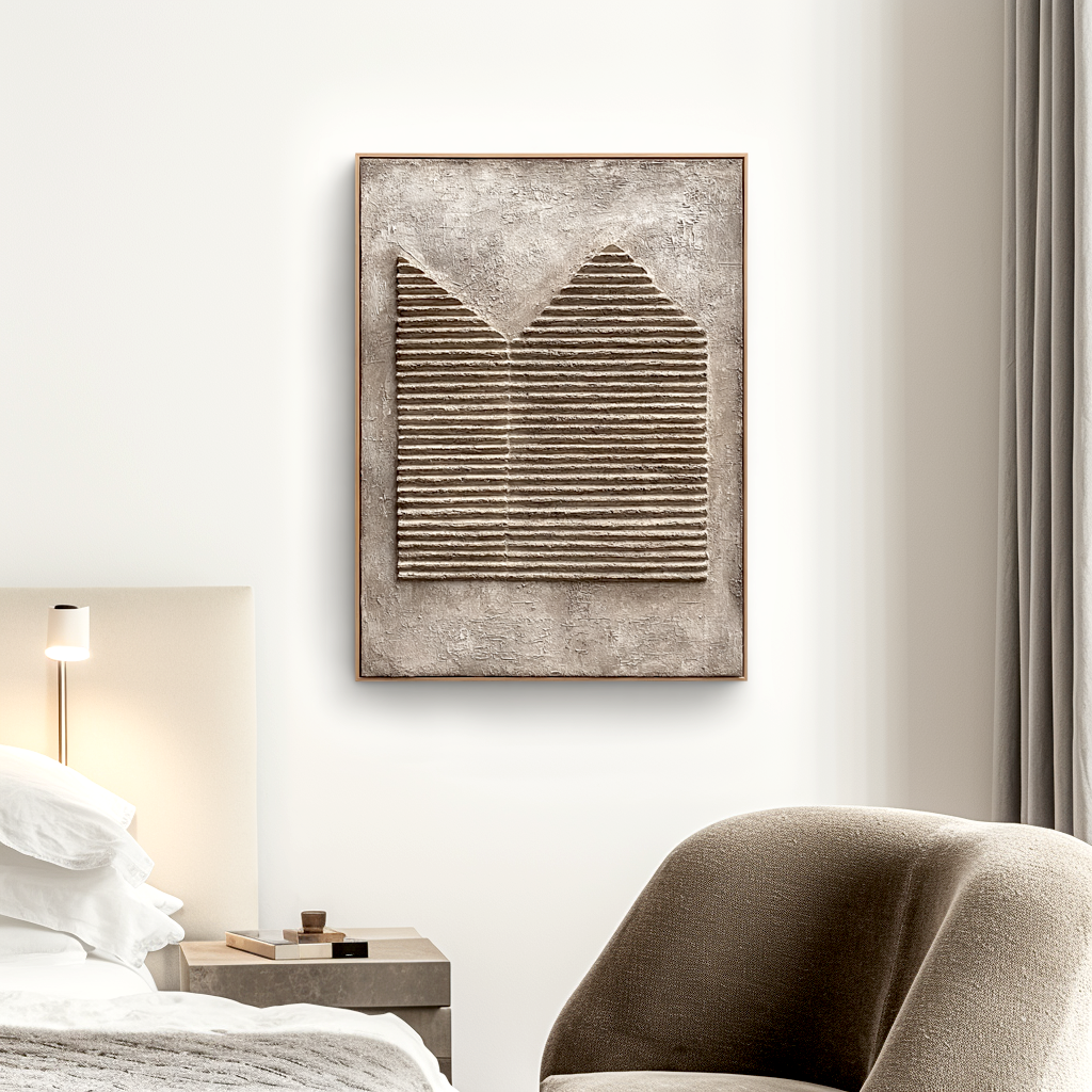 Abstract mountain relief art with textured 3D stripes in neutral tones of beige and gray.