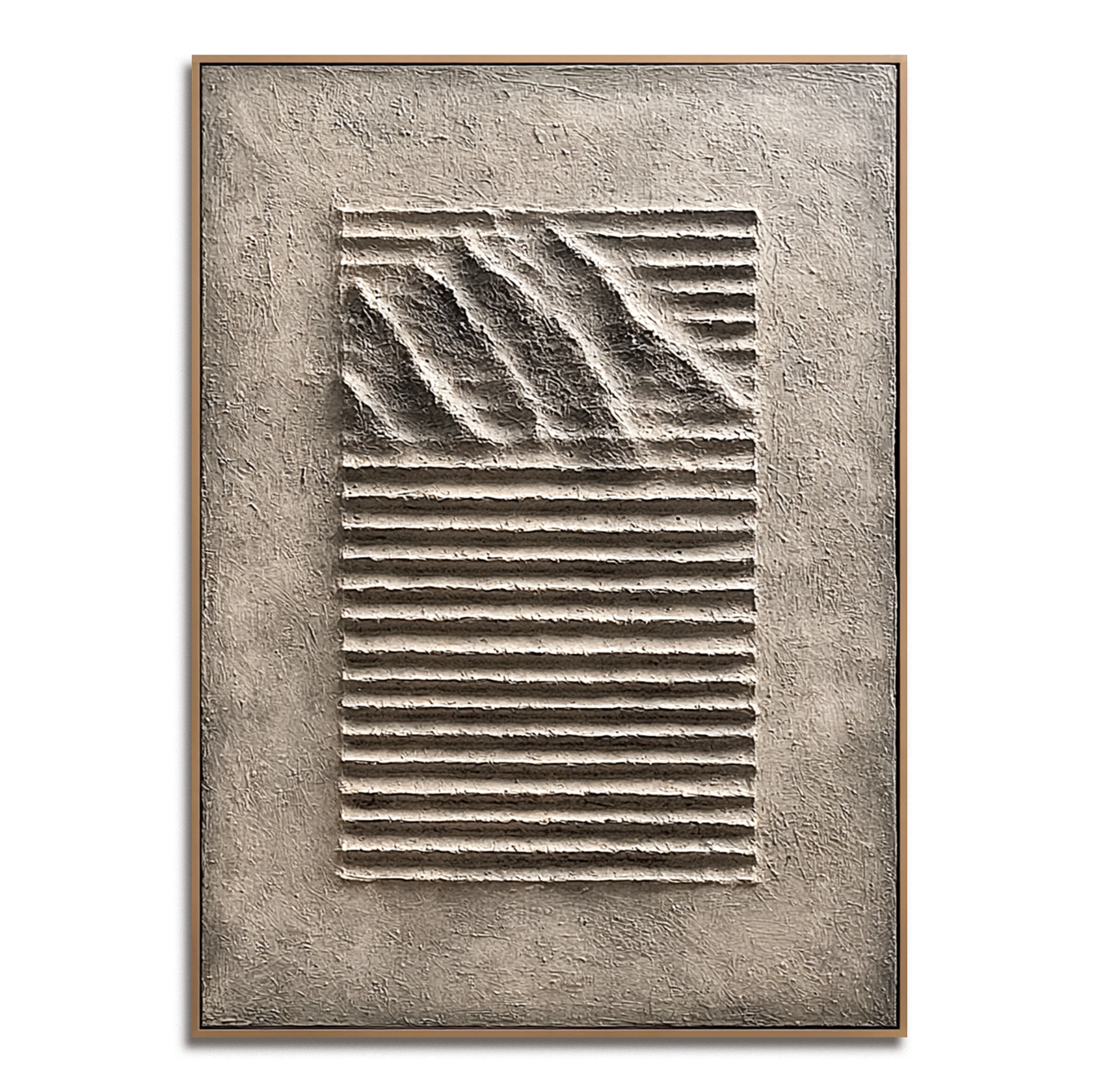 Minimalist textured abstract sand art with 3D stripes and waves in neutral beige and gray tones.