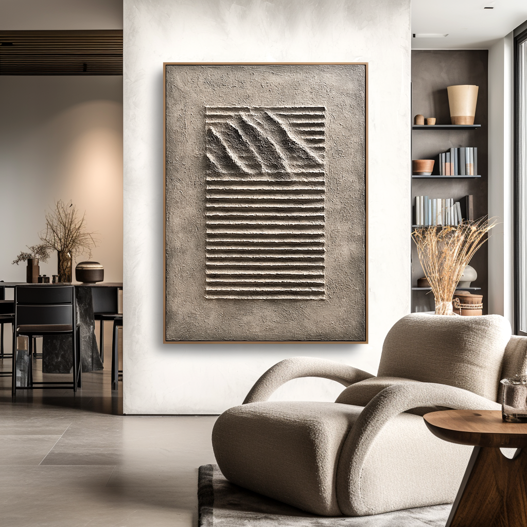 Minimalist textured abstract sand art with 3D stripes and waves in neutral beige and gray tones.