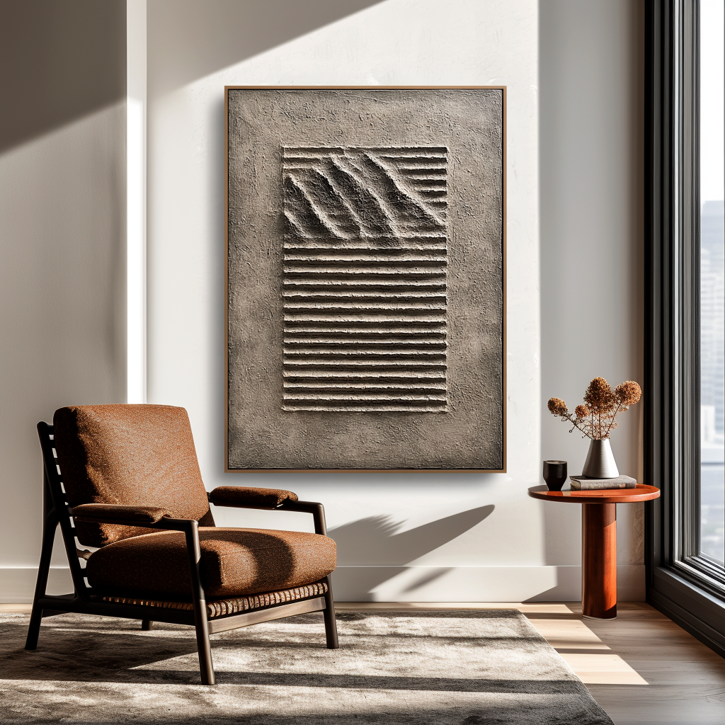 Minimalist textured abstract sand art with 3D stripes and waves in neutral beige and gray tones.
