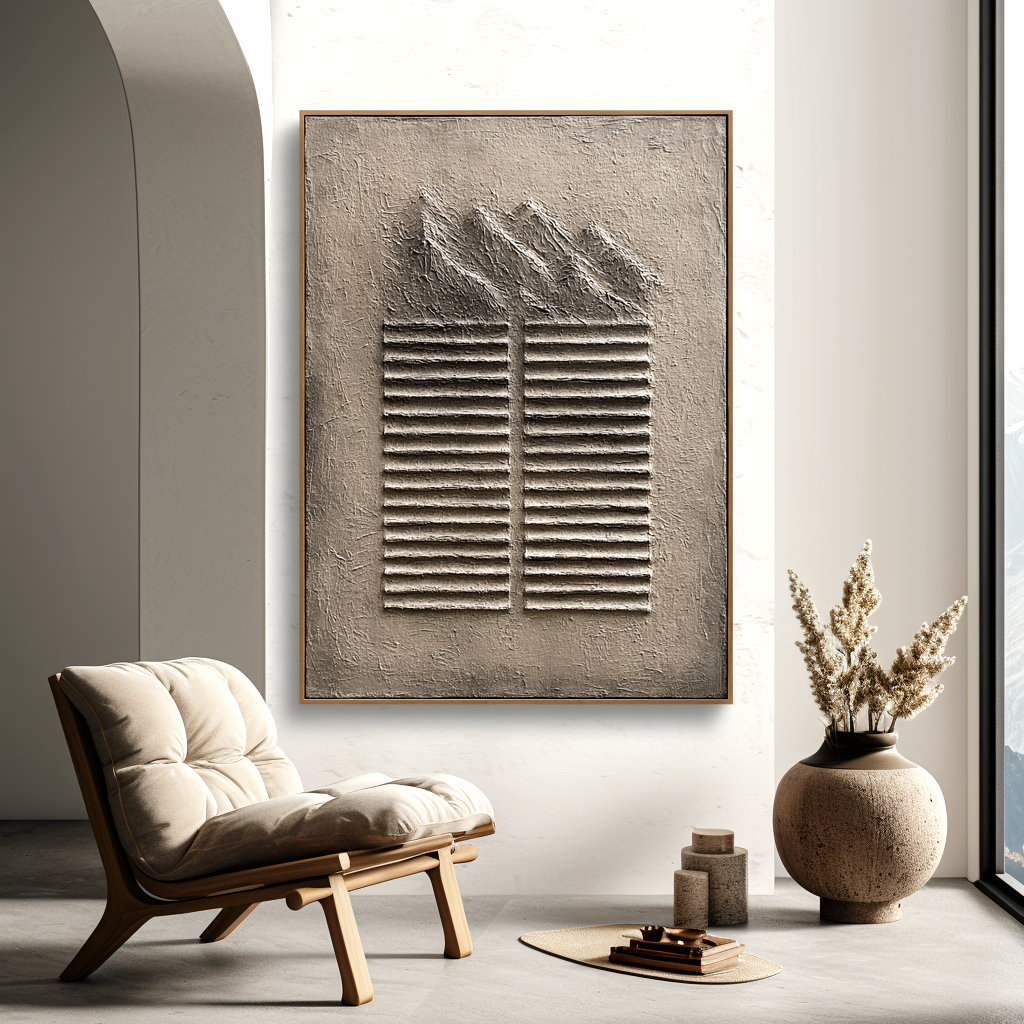 Abstract textured mountain art with 3D relief stripes and neutral tones in beige and gray.