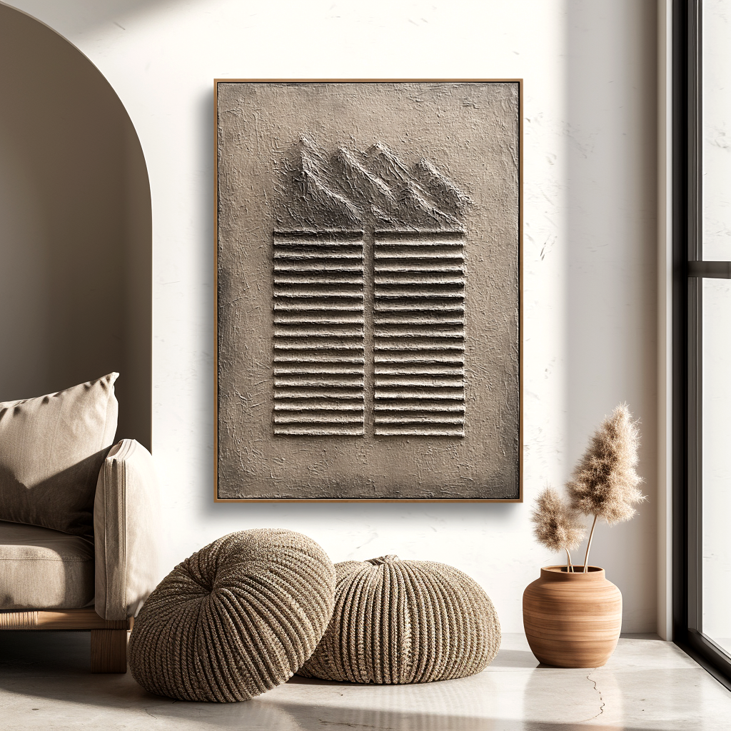 Abstract textured mountain art with 3D relief stripes and neutral tones in beige and gray.