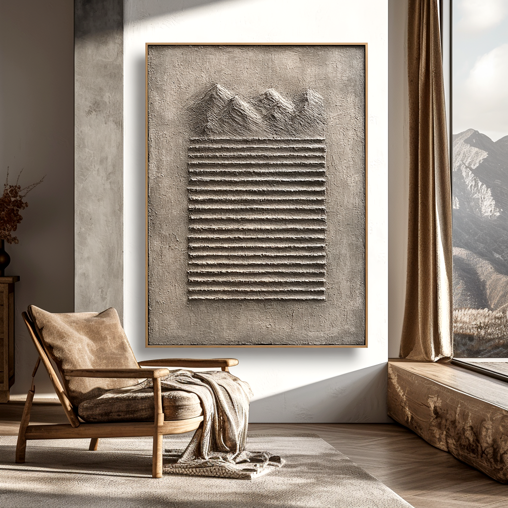 Abstract textured mountain art with 3D relief stripes in earthy beige and gray tones.