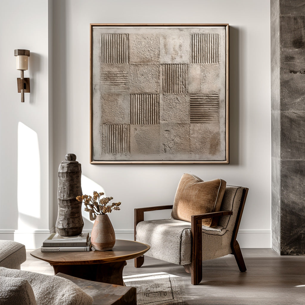 Abstract minimalist art of textured blocks with raised lines and rough surfaces in neutral beige and gray tones
