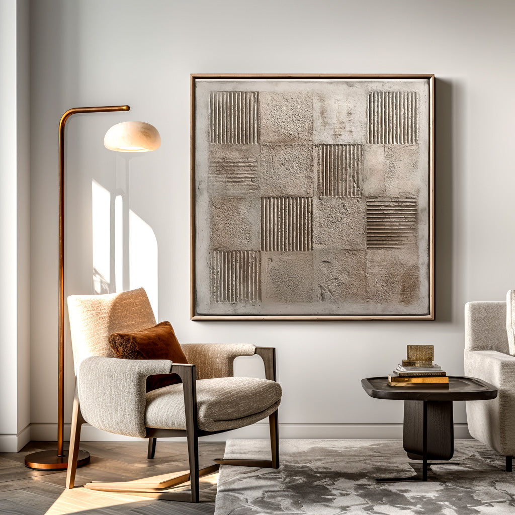 Abstract minimalist art of textured blocks with raised lines and rough surfaces in neutral beige and gray tones