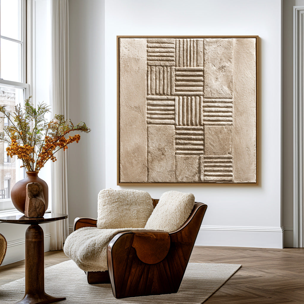 Minimalist abstract art with textured geometric squares in beige with raised and smooth lines