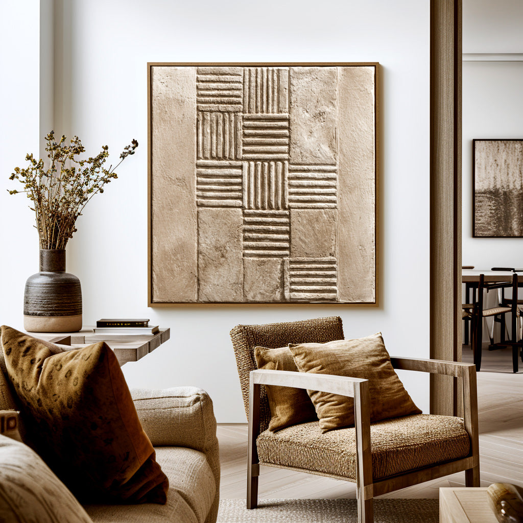 Minimalist abstract art with textured geometric squares in beige with raised and smooth lines