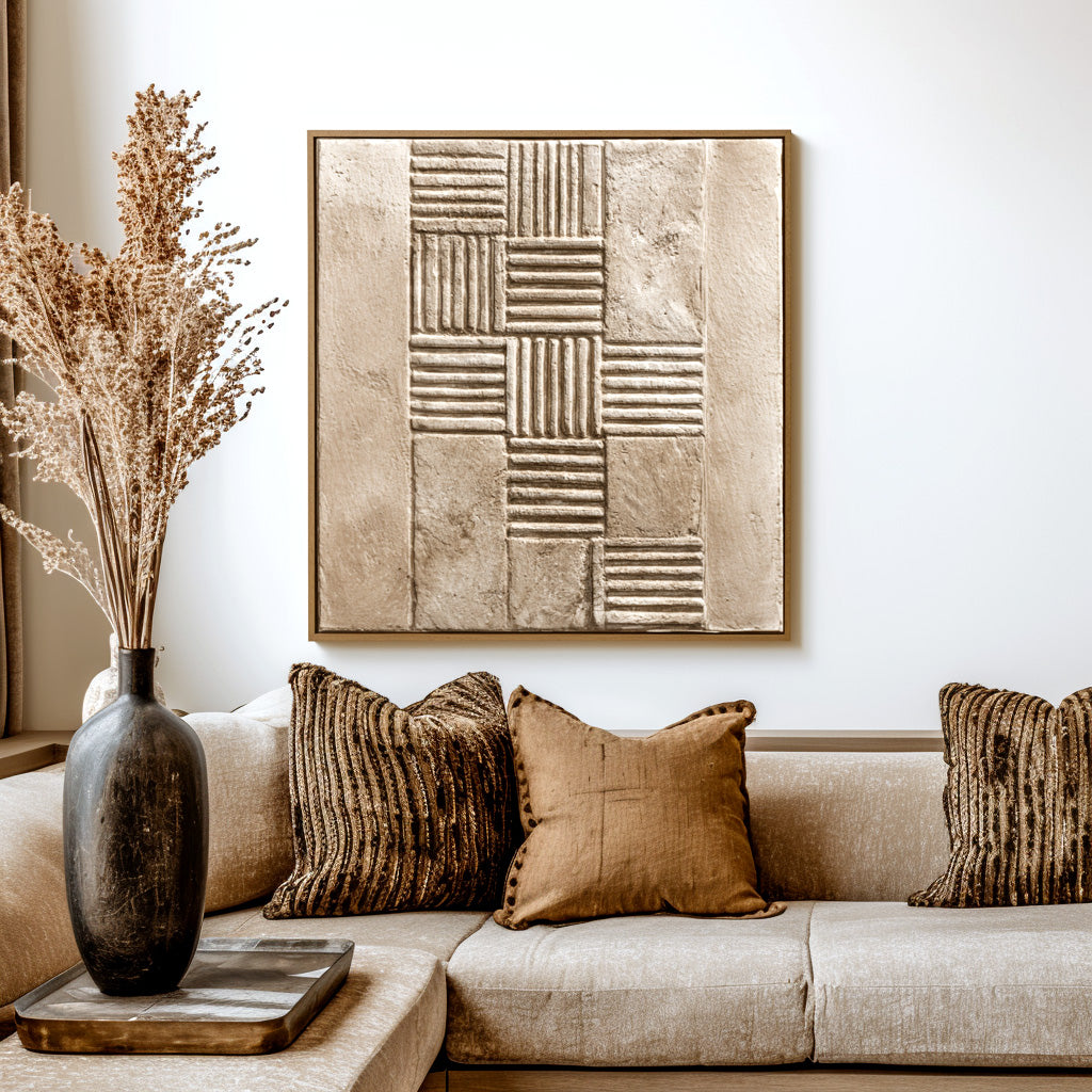 Minimalist abstract art with textured geometric squares in beige with raised and smooth lines