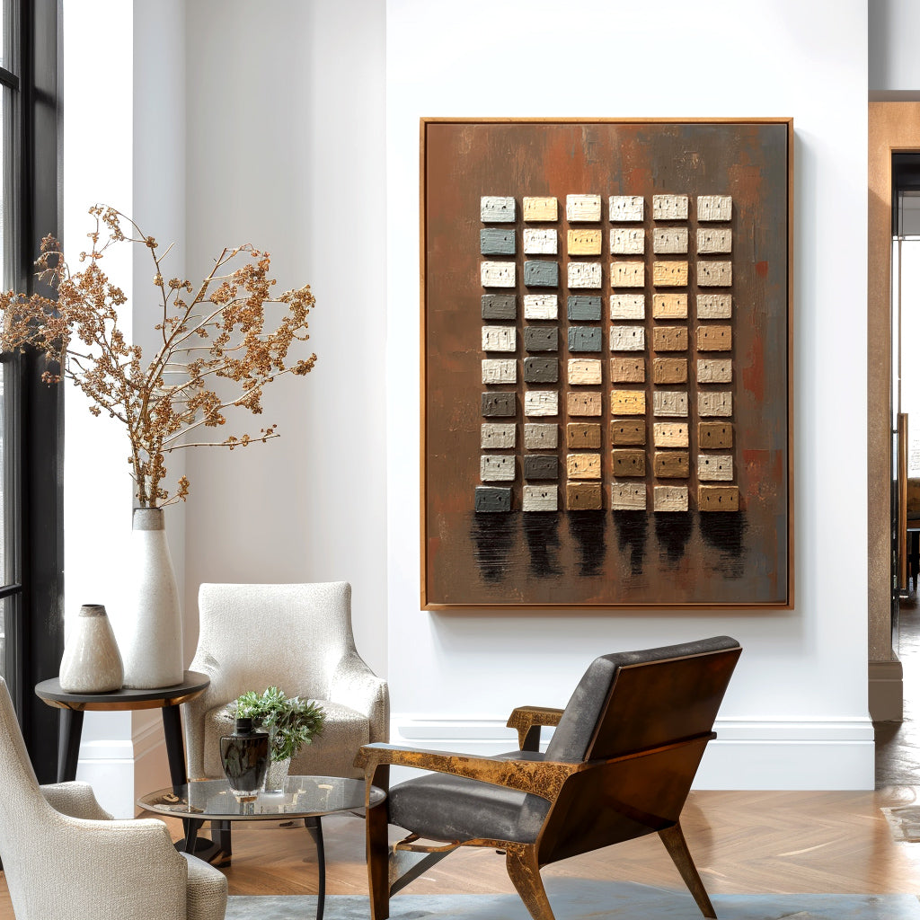 Textured oil painting of a grid of geometric blocks in earthy tones of beige, white, gray, and muted blue on a distressed copper background