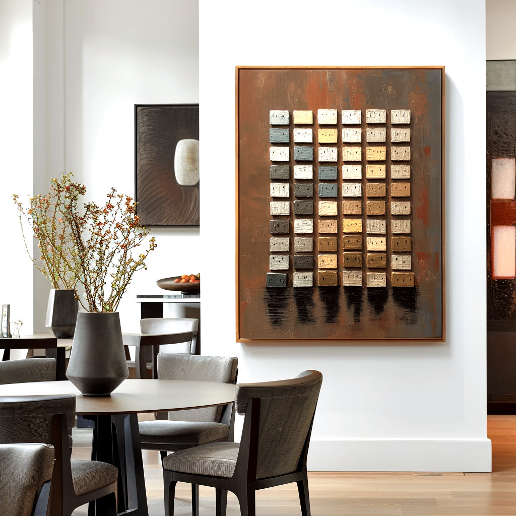 Textured oil painting of a grid of geometric blocks in earthy tones of beige, white, gray, and muted blue on a distressed copper background