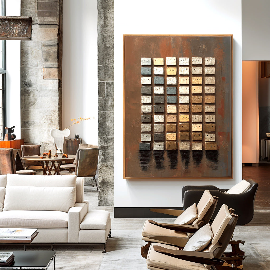 Textured oil painting of a grid of geometric blocks in earthy tones of beige, white, gray, and muted blue on a distressed copper background