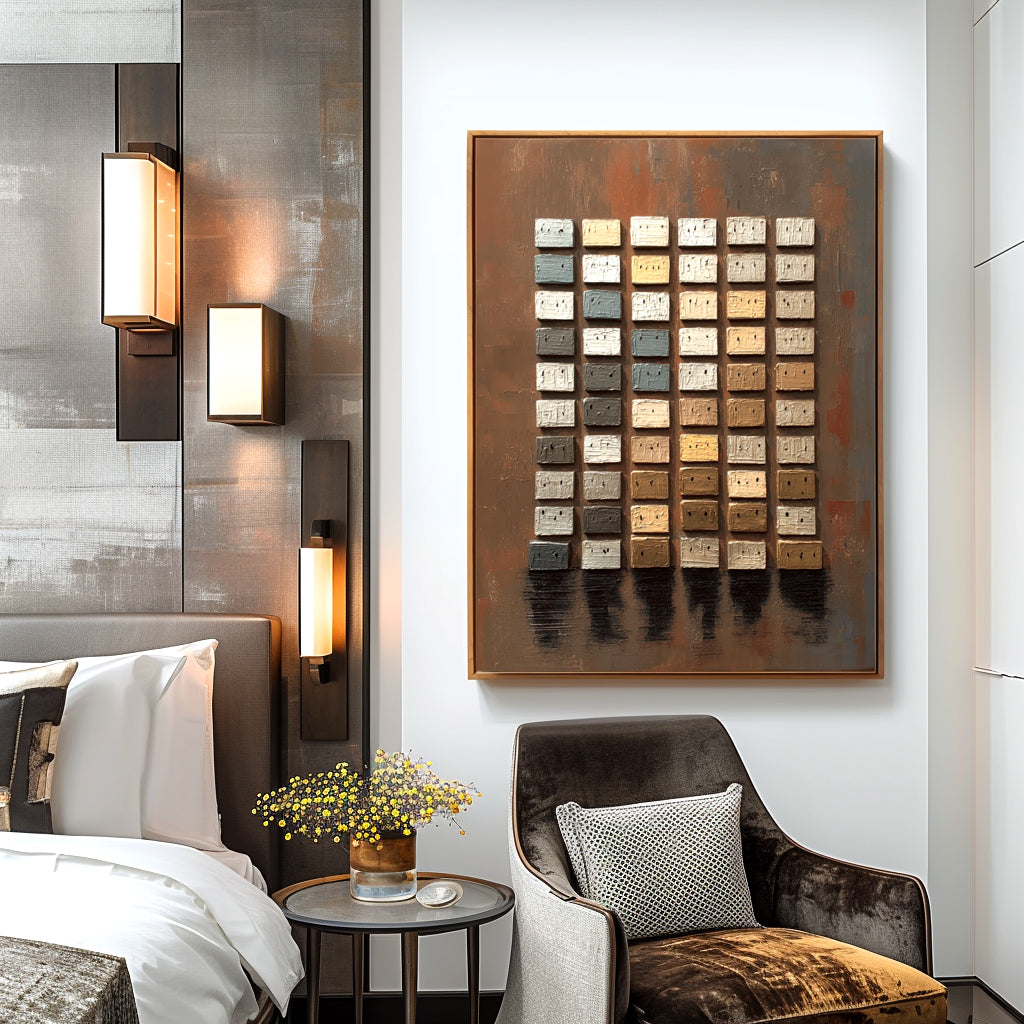 Textured oil painting of a grid of geometric blocks in earthy tones of beige, white, gray, and muted blue on a distressed copper background