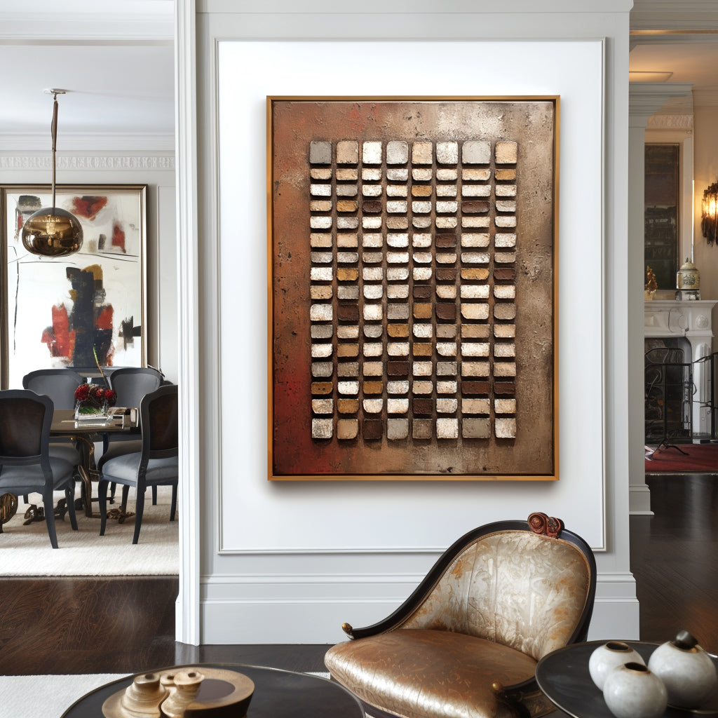 Abstract oil painting of geometric grid with textured blocks in brown, beige, and white shades on a muted rust-colored background