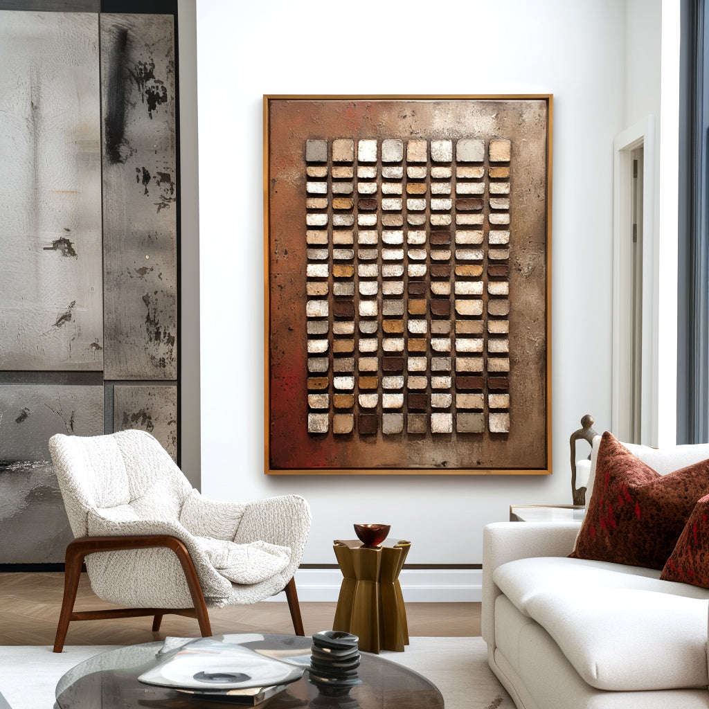 Abstract oil painting of geometric grid with textured blocks in brown, beige, and white shades on a muted rust-colored background