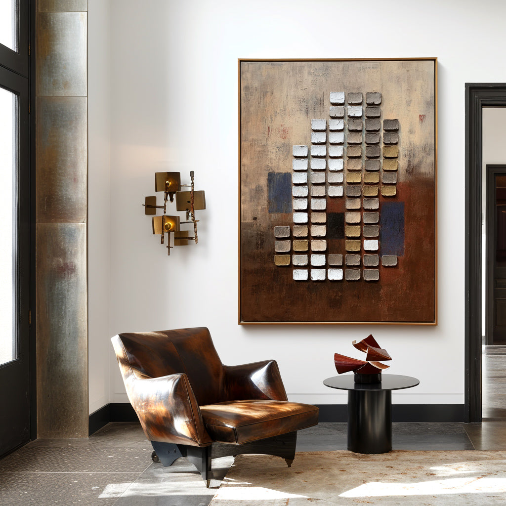Textured abstract squares painting with raised blocks in neutral brown, white, and gold tones