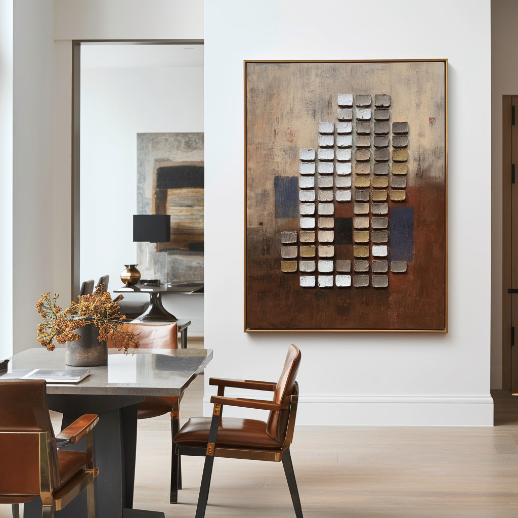 Textured abstract squares painting with raised blocks in neutral brown, white, and gold tones