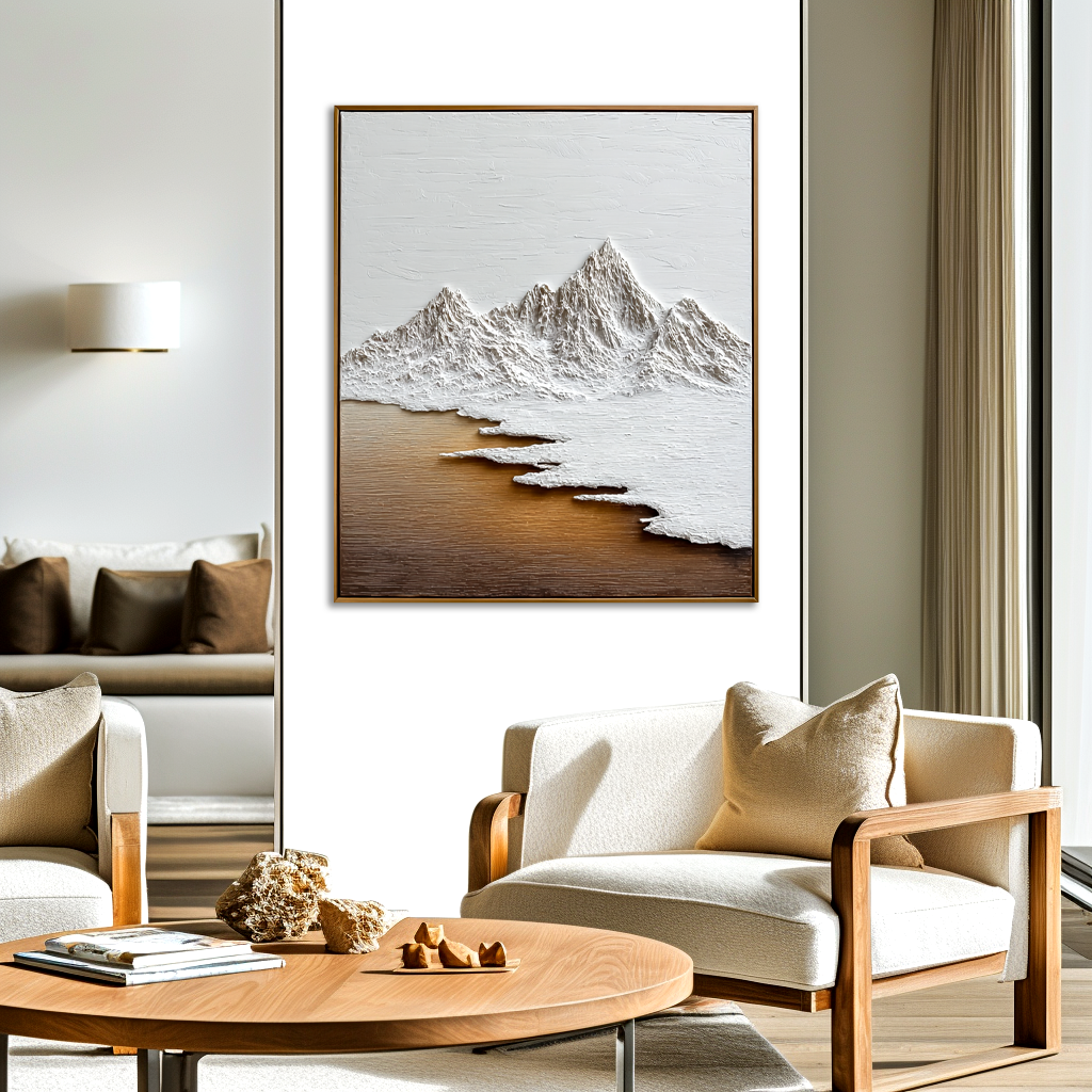 Textured Mountain Peaks - Minimalist White and Brown Art