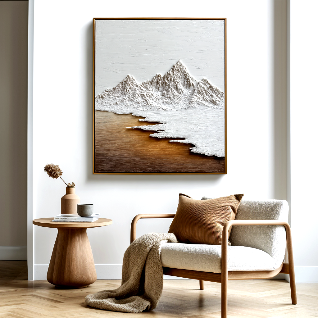 Textured Mountain Peaks - Minimalist White and Brown Art