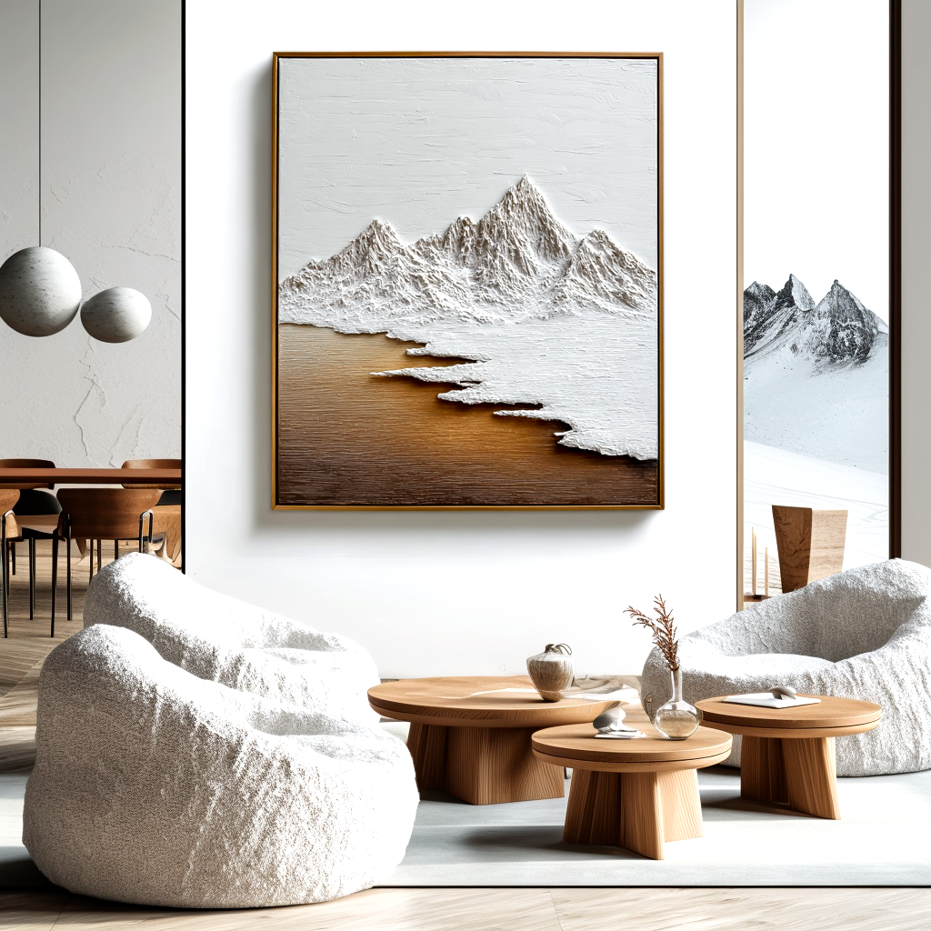 Textured Mountain Peaks - Minimalist White and Brown Art