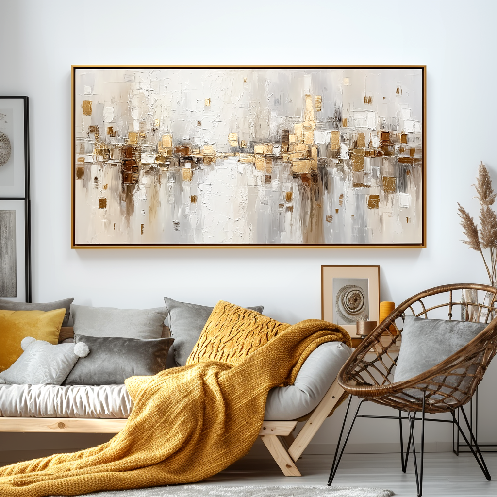 Golden Abstract Cityscape - Textured Oil Painting