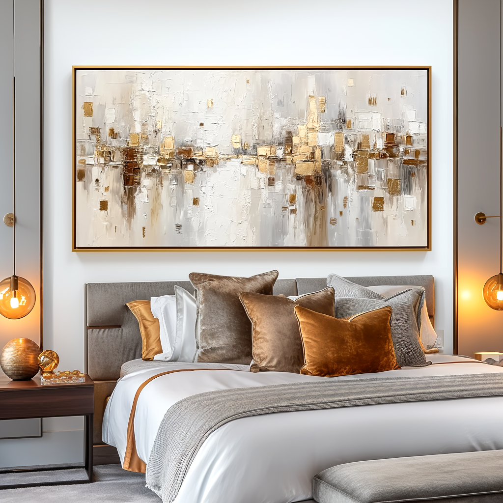 Golden Abstract Cityscape - Textured Oil Painting