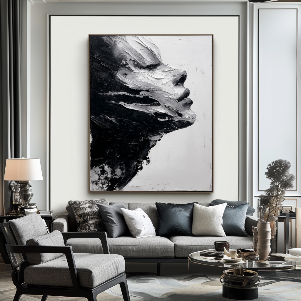 Abstract black and white textured oil portrait with strong brushstrokes.