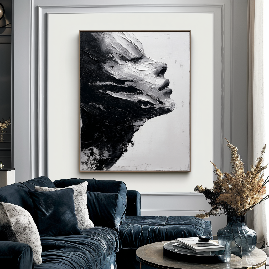 Abstract black and white textured oil portrait with strong brushstrokes.