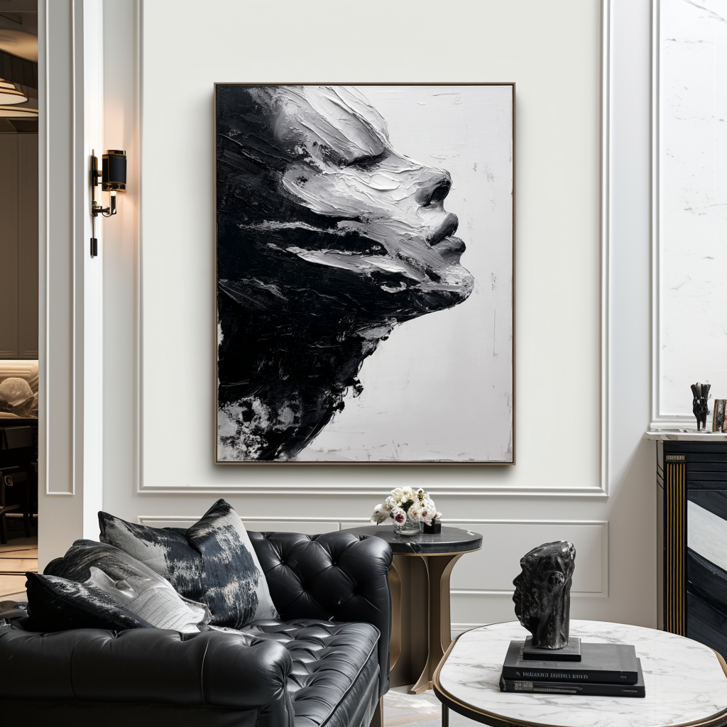 Abstract black and white textured oil portrait with strong brushstrokes.