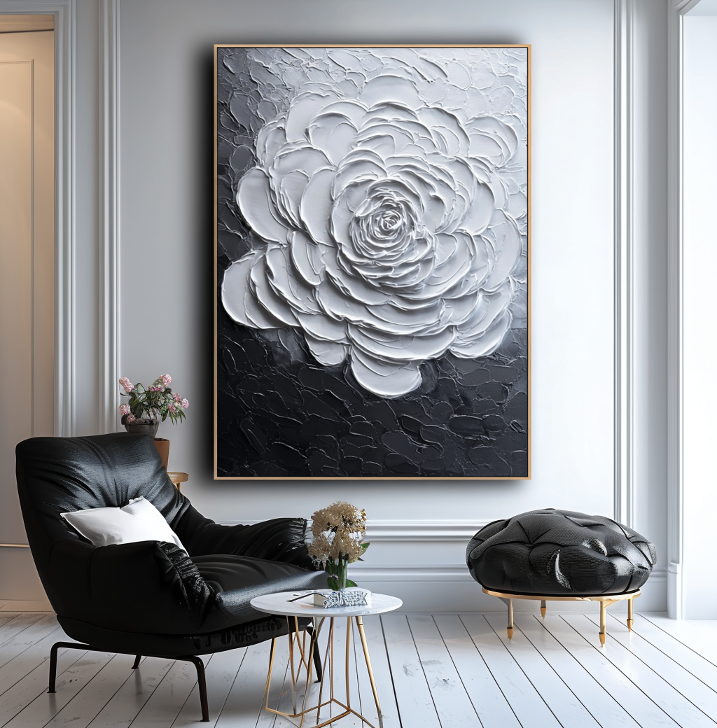 Textured white rose in black and white oil painting with impasto technique.
