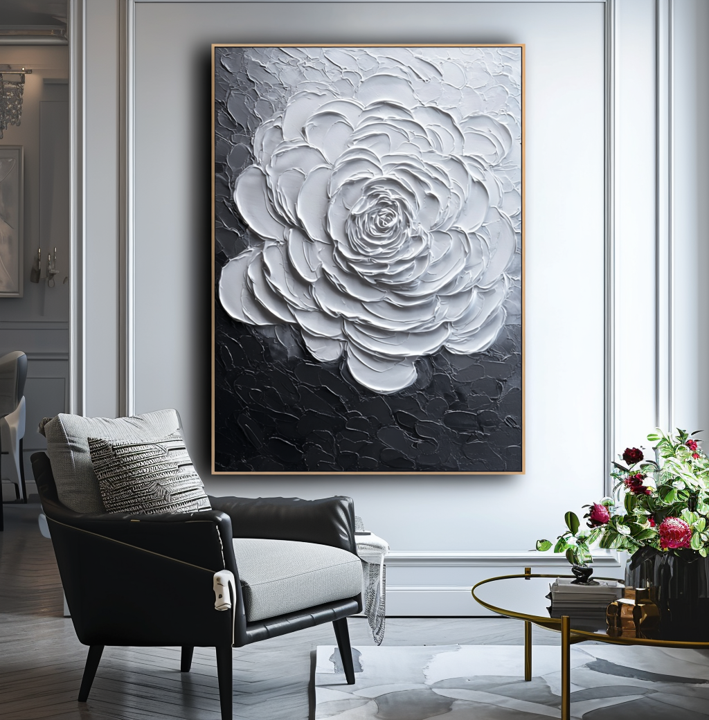 Textured white rose in black and white oil painting with impasto technique.