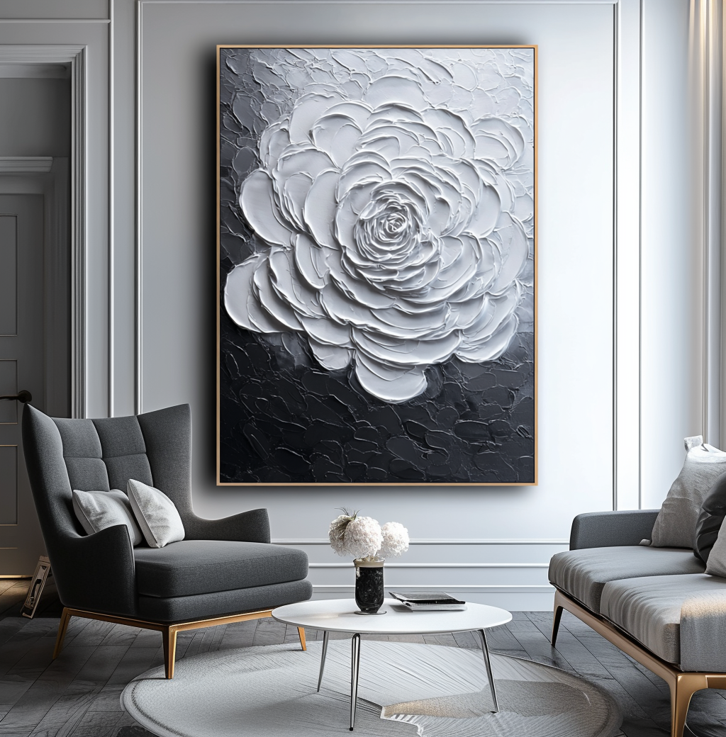 Textured white rose in black and white oil painting with impasto technique.