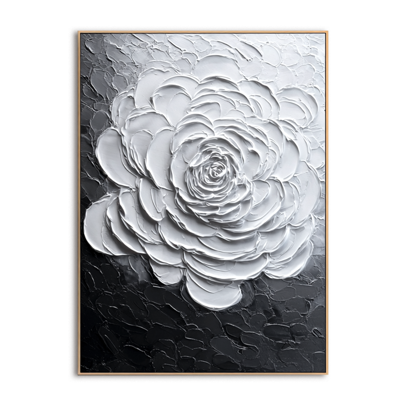 Textured white rose in black and white oil painting with impasto technique.