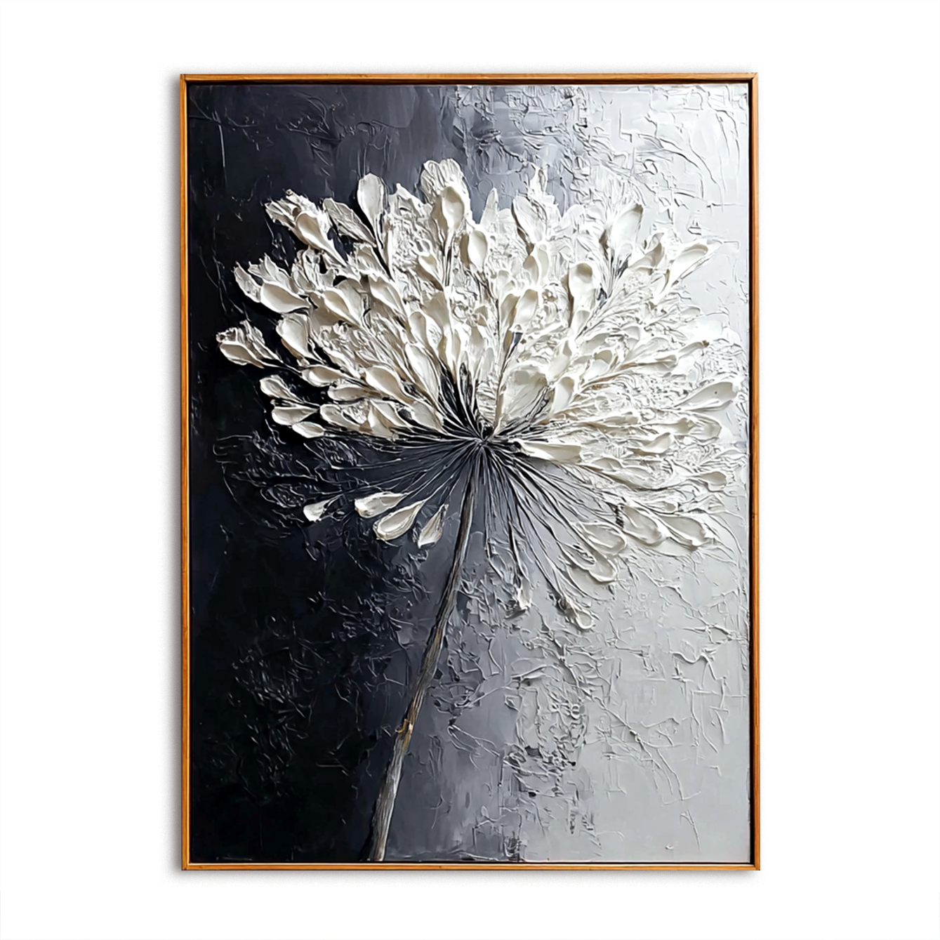Impasto oil painting of a white flower with textured petals, black background.