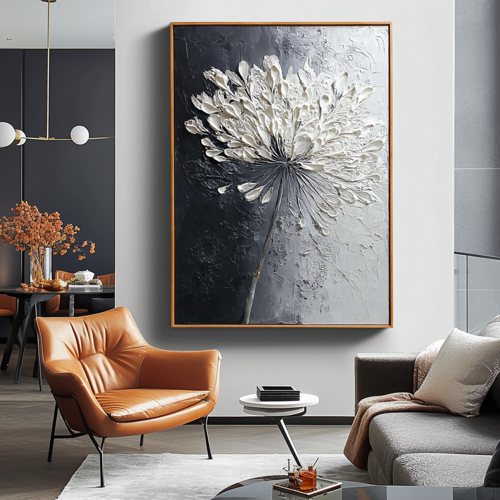 Impasto oil painting of a white flower with textured petals, black background.