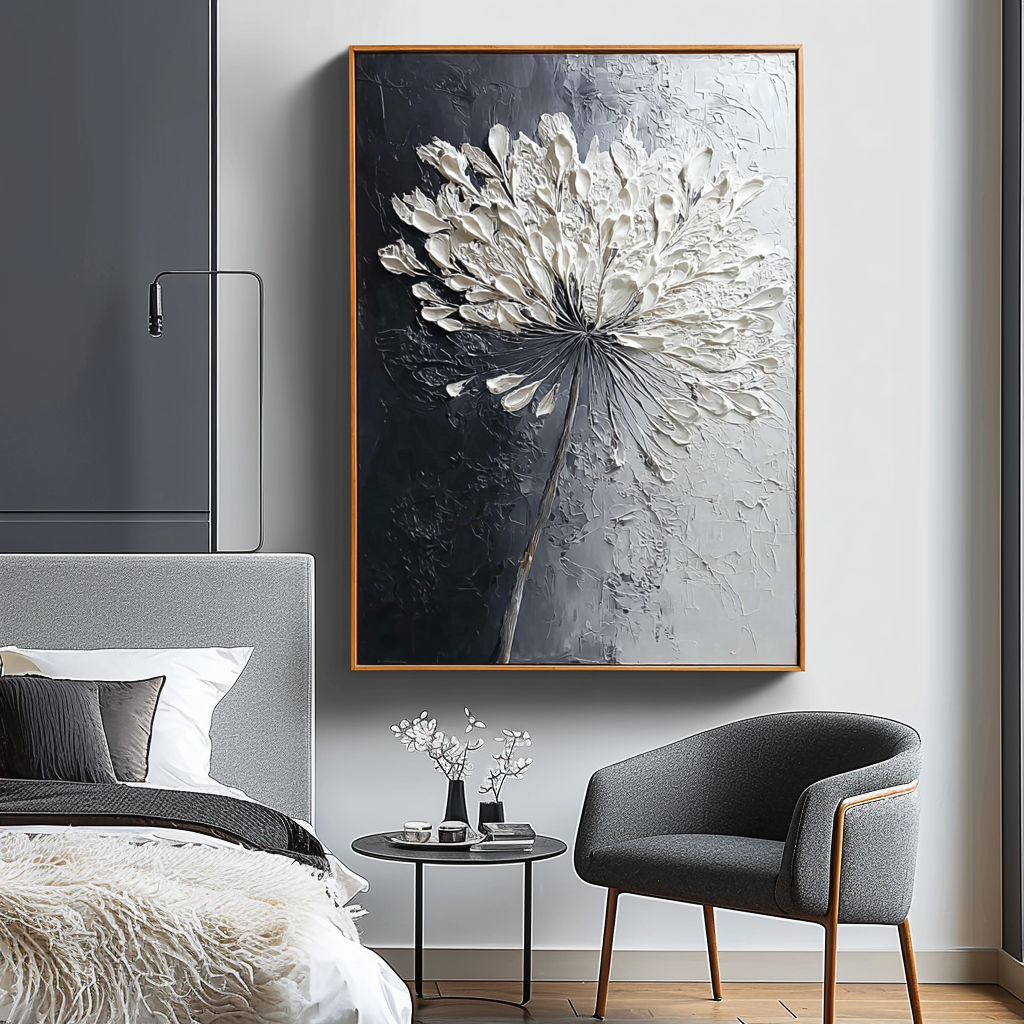 Impasto oil painting of a white flower with textured petals, black background.