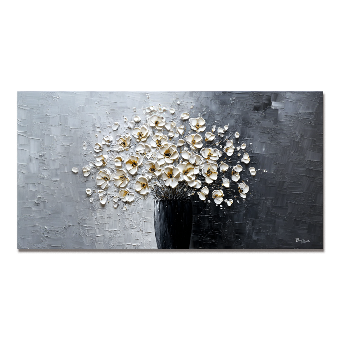 Impasto oil painting of a white flower bouquet in a black vase with a gray background.
