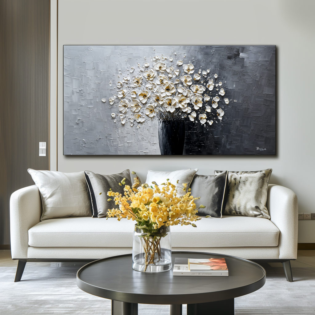 Impasto oil painting of a white flower bouquet in a black vase with a gray background.