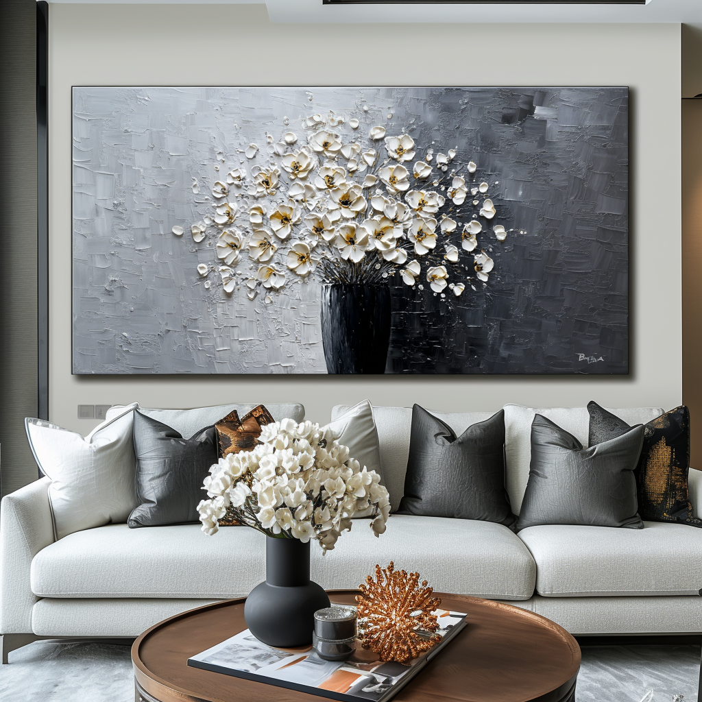 Impasto oil painting of a white flower bouquet in a black vase with a gray background.