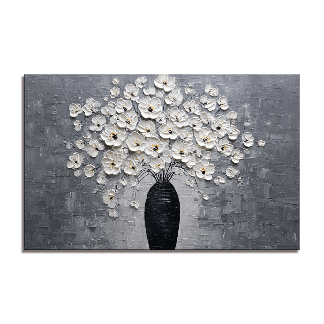 Impasto oil painting of a white flower bouquet in a black vase with a gray background.