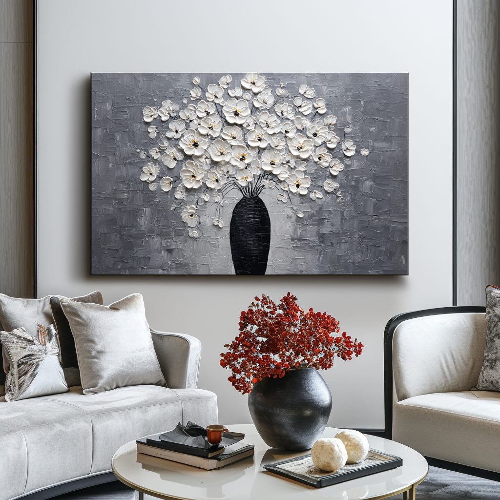 Impasto oil painting of a white flower bouquet in a black vase with a gray background.