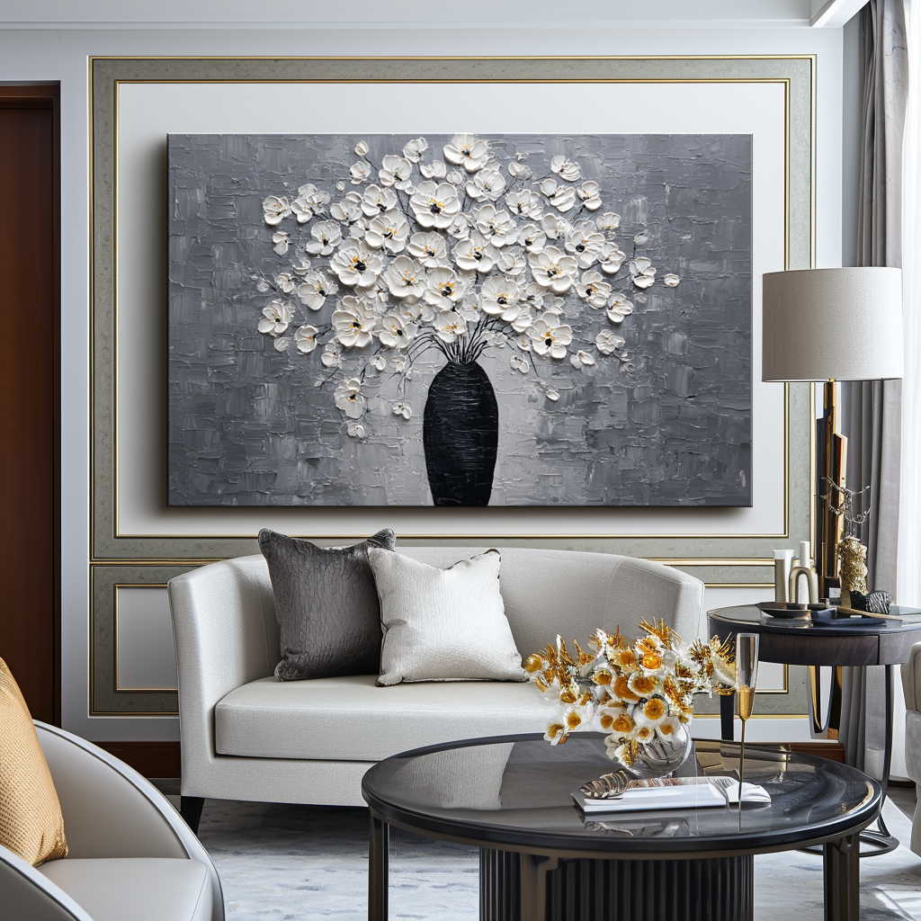 Impasto oil painting of a white flower bouquet in a black vase with a gray background.