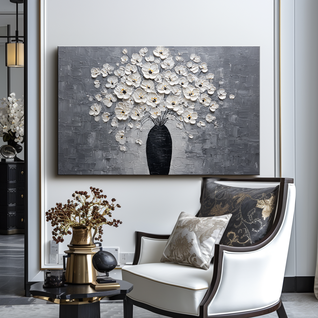 Impasto oil painting of a white flower bouquet in a black vase with a gray background.